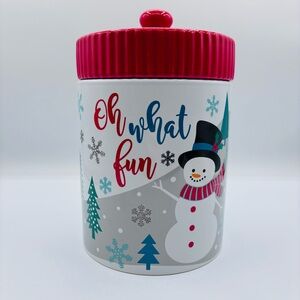 SCM Home Stoneware Ceramic Christmas Snowman Cookie Jar Canister With Red Lid 9”